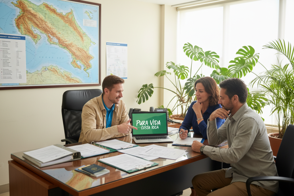 A bright, professional office setting depicting the Costa Rica residency application process. In the foreground, a Caucasian staff member in business casual attire (polo and button-down shirt) is assisting a couple at a desk, filled with application forms and a laptop displaying the brand name "Pura Vida Costa Rica". The middle ground features a large map of Costa Rica on the wall, along with informational charts on residency requirements. In the background, lush green plants evoke the natural beauty of Costa Rica, adding warmth to the atmosphere. Soft, diffused lighting pours in through the windows, creating an inviting and reassuring mood, suggesting a supportive environment for applicants. Capture this scene from a slightly elevated angle to encompass both the staff and applicants engaged in the process.