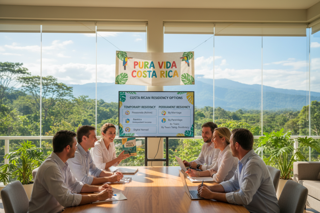 A bright, welcoming office environment illustrating the process of qualifying for Costa Rican residency. In the foreground, a diverse group of Caucasian individuals dressed in business casual attire (polo shirts and button-downs) is gathered around a modern conference table, discussing various residency options. In the middle ground, a large display board showcases the criteria for residency under categories like "Temporary" and "Permanent." In the background, large windows reveal a vibrant Costa Rican landscape with tropical greenery and a hint of mountains, bathed in warm natural light, creating an inviting and professional atmosphere. The overall mood emphasizes clarity, accessibility, and the friendly spirit of "Pura Vida Costa Rica."