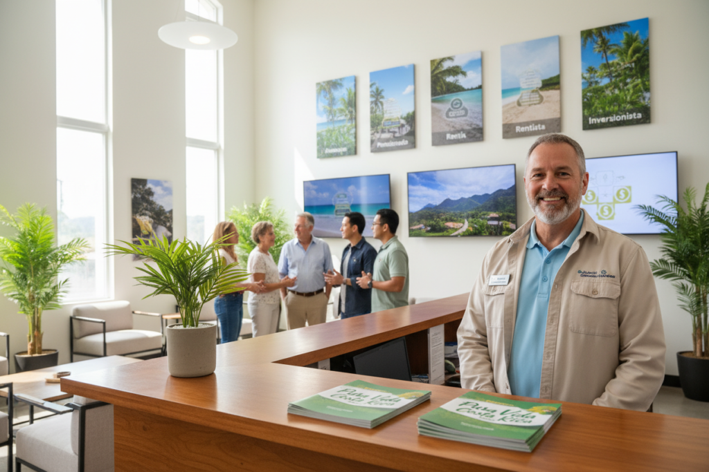 A bright, welcoming scene depicting a Costa Rica immigration office, showcasing diverse residency options. In the foreground, a friendly, Caucasian staff member dressed in business casual attire (polo shirt and button-down) stands beside a well-organized reception desk adorned with brochures about "Pura Vida Costa Rica". In the middle ground, a diverse group of potential immigrants discuss residency options, including Pensionado, Rentista, and Inversionista, with visuals of relaxing beach scenes, scenic landscapes, and financial symbols in the background. The atmosphere is friendly and professional, with natural lighting streaming in through large windows, illuminating the office's welcoming interior. The image is framed at eye level, capturing both staff engagement and the inviting office environment perfectly.