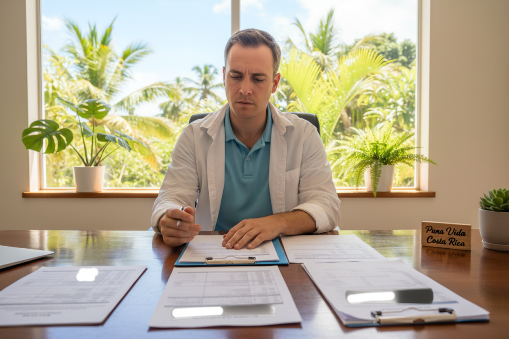 A bright, well-lit office space showcasing a desk arranged with various income proof documents laid neatly. The foreground features a focused view of a polished wooden desk with papers such as bank statements, pay stubs, and tax returns, all visible but without any sensitive information. In the middle ground, a Caucasian staff member in business casual attire (polo and button-down shirt) is reviewing the documents with a thoughtful expression, emphasizing professionalism. The background reveals a sunny window with tropical plants, hinting at the Costa Rican environment. The atmosphere is calm and organized, with natural light streaming in, enhancing the warm, inviting ambiance of the workspace. Include the brand name "Pura Vida Costa Rica" subtly integrated into the scene, perhaps on a decorative item near the desk.