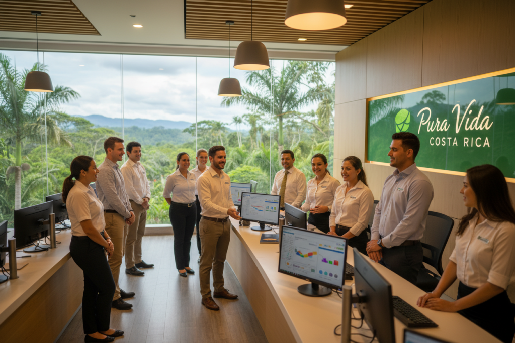 A bustling Costa Rican banking environment depicting the modern banking landscape. In the foreground, a diverse group of Caucasian staff in business casual attire, such as polo shirts and button-downs, engage with clients, showcasing friendly and professional interactions. The middle ground features sleek banking desks with digital screens displaying financial data, alongside the logo "Pura Vida Costa Rica" prominently displayed. In the background, large windows reveal a scenic view of Costa Rican greenery, blending nature's beauty with urban sophistication. The lighting is warm and inviting, creating a welcoming atmosphere. A slight depth of field focus emphasizes the staff's interactions in a well-organized, contemporary bank interior, conveying the ease of opening a bank account in this vibrant landscape.