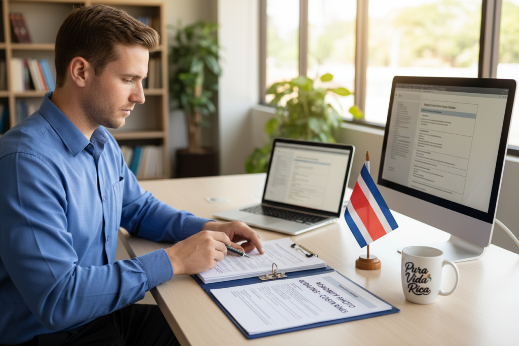 A clean and professional workspace setting featuring a Caucasian staff member in business casual attire, such as a polo or button-down shirt, sitting at a desk with a computer and printed documents about Costa Rica residency photo guidelines. The foreground shows the staffer with a focused expression, ensuring an engaging demeanor. In the middle, the desk is clutter-free with neatly organized papers labeled “Residency Photo Guidelines” alongside a small Costa Rican flag and the brand name “Pura Vida Costa Rica” prominently displayed. The background showcases a softly blurred office environment with warm lighting, evoking a sense of professionalism and approachability. The angle is slightly elevated, giving a clear view of the staff member while maintaining a clean and organized aesthetic, reflecting the seriousness of the residency application process.