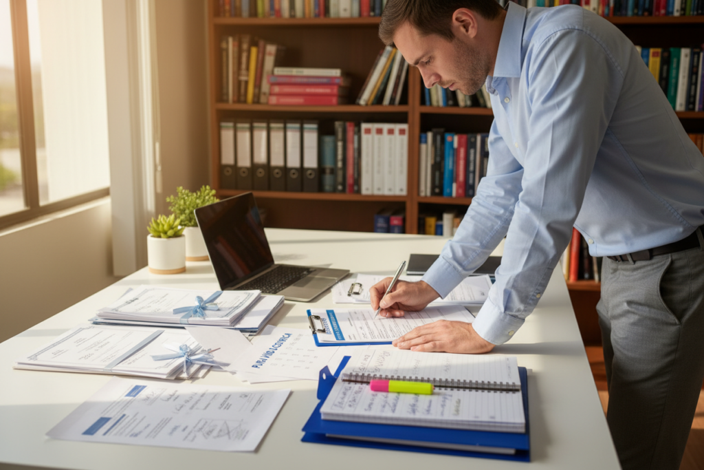 A clean, well-organized office desk adorned with a variety of documents in preparation for residency apostille. In the foreground, a Caucasian staff member in business casual attire, such as a button-down shirt and slacks, intently reviews forms and checks a checklist labeled "Pura Vida Costa Rica." The middle layer features a neatly stacked pile of documents, including marriage certificates and application forms, alongside a laptop and an open folder with notes. In the background, a soft-focus bookshelf filled with legal books and resources enhances the atmosphere of professionalism and diligence. Natural light streams through a window, casting gentle shadows, creating an inviting and focused ambience ideal for document preparation.