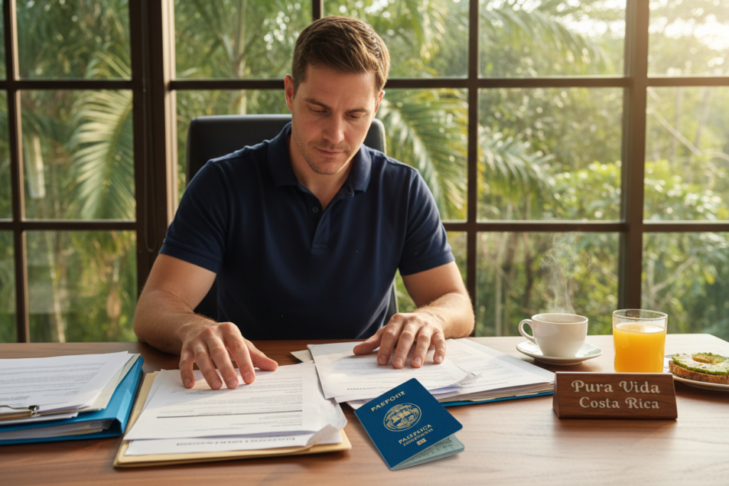 A close-up scene depicting a Caucasian individual in a business casual polo shirt, sitting at a modern desk cluttered with documents, including a newly issued passport prominently displayed. The background features lush greenery indicative of Costa Rica, subtly hinting at the residency theme. Natural light filters in through a nearby window, casting soft shadows, and creating a warm, inviting atmosphere. The individual appears focused and determined, reviewing paperwork related to their Costa Rica residency application. On the desk, a small branded item labeled "Pura Vida Costa Rica" adds context to the setting. The overall mood conveys a sense of progress and optimism, emphasizing the journey of obtaining a new passport while awaiting residency approval.
