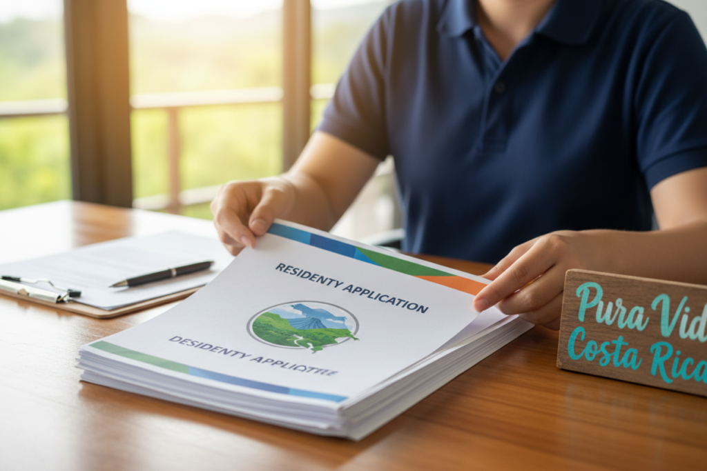 A close-up view of Costa Rica residency documents stacked neatly on a wooden desk. The documents feature colorful official headers with a watermark symbolizing Costa Rica, including a faint image of a lush landscape. In the foreground, a pair of hands, belonging to a Caucasian person dressed in a smart business casual polo shirt, arranges the papers, highlighting a document titled "Residency Application". The middle section shows a clipboard accompanied by a pen, while in the background, there's soft lighting coming from a window, creating a warm and inviting atmosphere. On the side, partially visible, is a small sign that reads "Pura Vida Costa Rica", symbolizing warmth and positivity associated with the region. A close-up view of Costa Rica residency documents stacked neatly on a wooden desk. The documents feature colorful official headers with a watermark symbolizing Costa Rica, including a faint image of a lush landscape. In the foreground, a pair of hands, belonging to a Caucasian person dressed in a smart business casual polo shirt, arranges the papers, highlighting a document titled "Residency Application". The middle section shows a clipboard accompanied by a pen, while in the background, there's soft lighting coming from a window, creating a warm and inviting atmosphere. On the side, partially visible, is a small sign that reads "Pura Vida Costa Rica", symbolizing warmth and positivity associated with the region.