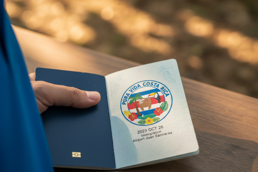 A close-up view of a Costa Rican passport opened to a page featuring a vibrant entry stamp. The stamp prominently displays the "Pura Vida Costa Rica" branding, showcasing intricate designs typical of Costa Rican immigration stamps, including tropical motifs and the country's flag colors. The background is softly blurred to highlight the passport, featuring warm, natural lighting that evokes a welcoming atmosphere. The edge of the passport is slightly worn, hinting at travel history. Additionally, in the foreground, a hand, clad in a business casual polo shirt, gently holds the passport open, adding a human element to the scene. The composition is intimate, inviting viewers to explore the nuances of Costa Rica's visa and entry system.