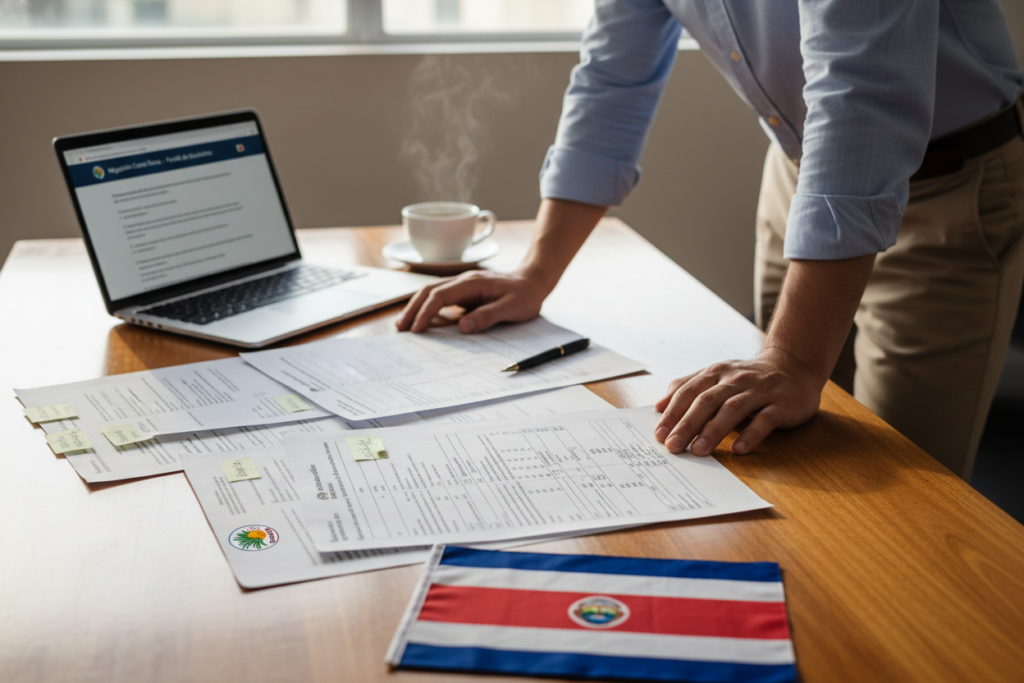 A close-up view of a well-organized residency application document spread out on a wooden desk, highlighting detailed forms, checklists, and supporting documents. In the foreground, a neatly folded Costa Rican flag adds a touch of national identity. The middle ground features a laptop open to an immigration website, surrounded by a pen and a cup of coffee, suggesting a cozy, focused workspace. In the background, soft morning light filters through a window, casting gentle shadows, creating an inviting and productive atmosphere. A Caucasian staff member in professional business casual attire, such as a button-down shirt and khakis, is seen reviewing the documents, embodying diligence and commitment. The brand "Pura Vida Costa Rica" is subtly represented through a small logo on a document in the scene, enhancing the theme of residency applications in Costa Rica.