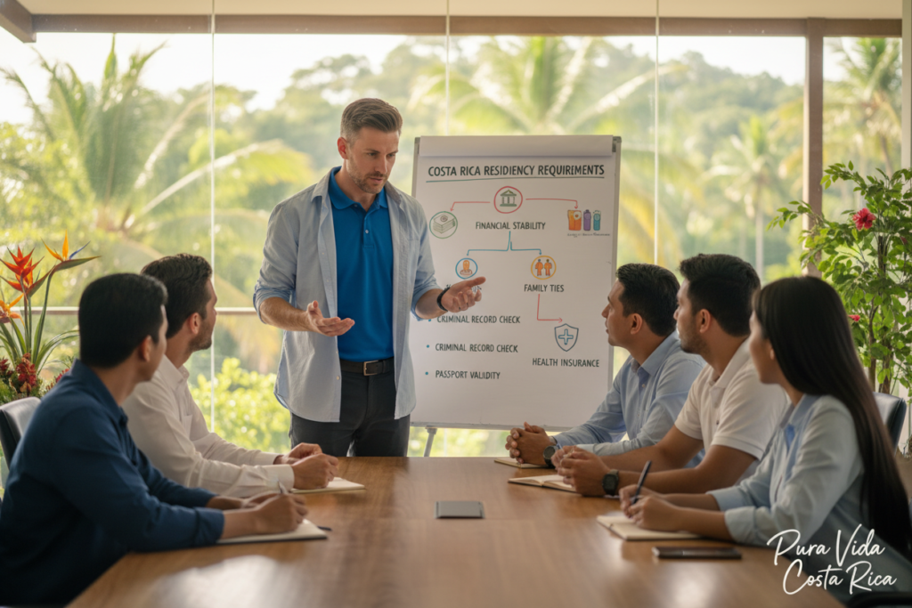 A cozy office setting illustrating Costa Rica residency eligibility criteria. In the foreground, a professional staff member, Caucasian, dressed in business casual attire (a polo and button-down shirt), is engaging with a diverse group of individuals seated at a modern conference table, looking attentive and involved in the discussion. In the middle, a large whiteboard is filled with colorful graphics and bullet points outlining key residency eligibility criteria like financial stability, family ties, and health insurance requirements. The background showcases a tropical view through large windows, featuring lush greenery characteristic of Costa Rica. The lighting is warm and inviting, creating a friendly and informative atmosphere. In the corner, the brand name "Pura Vida Costa Rica" is subtly displayed. A slight depth of field emphasizes the focused interaction while softening the background.