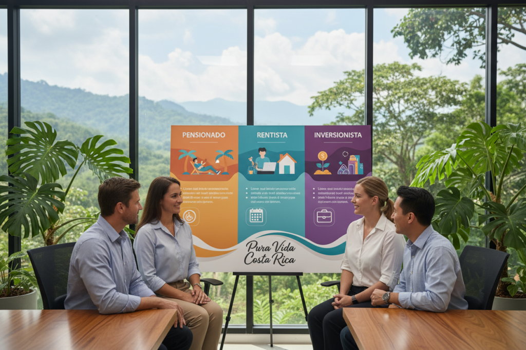 A detailed illustrated overview of Costa Rica residency categories, featuring a calm and inviting office setting. In the foreground, a diverse group of professionals, including Caucasian staff dressed in business casual polo and button-down shirts, are engaged in discussion with a large, visually appealing infographic displaying various residency categories: pensionado, rentista, and inversionista. In the middle, the infographic should be colorful and easy to understand, with each category distinctly labeled. The background showcases tropical plants and a window with a view of Costa Rica’s lush landscape, capturing the vibrant atmosphere. Soft, natural lighting floods the scene, enhancing the friendly and professional mood. The image incorporates the phrase "Pura Vida Costa Rica" subtly within the infographic design, ensuring a cohesive presentation without any text overlays or distractions. A detailed illustrated overview of Costa Rica residency categories, featuring a calm and inviting office setting. In the foreground, a diverse group of professionals, including Caucasian staff dressed in business casual polo and button-down shirts, are engaged in discussion with a large, visually appealing infographic displaying various residency categories: pensionado, rentista, and inversionista. In the middle, the infographic should be colorful and easy to understand, with each category distinctly labeled. The background showcases tropical plants and a window with a view of Costa Rica’s lush landscape, capturing the vibrant atmosphere. Soft, natural lighting floods the scene, enhancing the friendly and professional mood. The image incorporates the phrase "Pura Vida Costa Rica" subtly within the infographic design, ensuring a cohesive presentation without any text overlays or distractions.