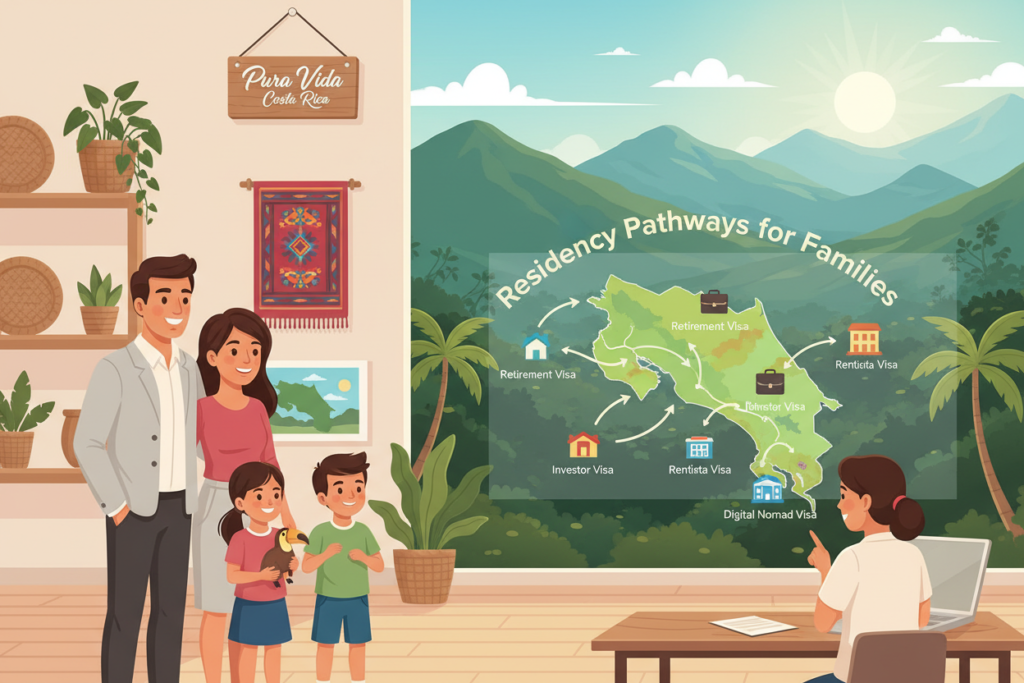 A detailed illustration of "Residency Pathways for Families" focusing on Costa Rica. In the foreground, create a family of four, including two parents in business casual attire, along with their two children, depicted joyfully exploring a welcoming office setting, filled with Costa Rican cultural elements. In the middle, showcase a large map of Costa Rica highlighting different residency pathways with colorful icons and arrows. The background features lush green landscapes of Costa Rica, such as palm trees and mountains, under bright, sunny lighting to evoke a warm, optimistic atmosphere. Use an angle that captures both the family and the map prominently, giving a sense of active engagement with the theme. Include the brand name "Pura Vida Costa Rica" subtly integrated into the scene.