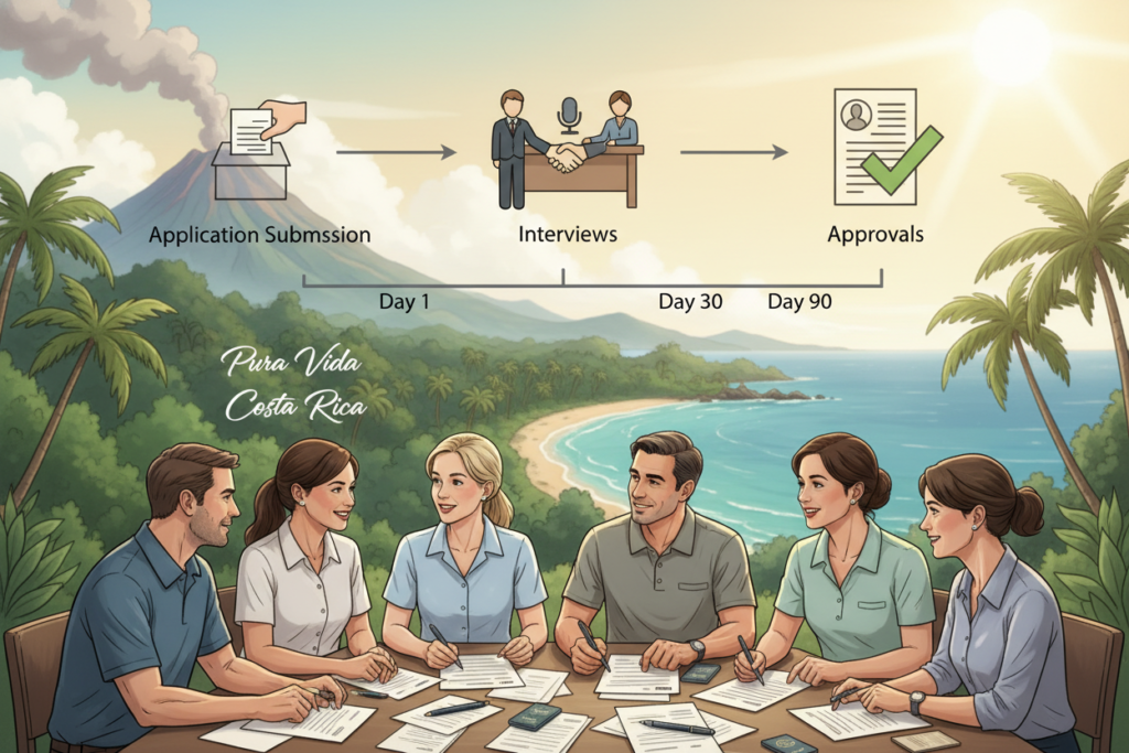 A detailed illustration of the Costa Rica immigration process, focusing on a step-by-step flow. In the foreground, a diverse group of Caucasian individuals dressed in business casual attire (polo shirts and button-downs) are engaging in discussions, surrounded by immigration forms and documents. In the middle ground, visually represent various stages such as application submission, interviews, and approvals, using icons or diagrams. The background displays a serene Costa Rican landscape, featuring lush greenery and iconic elements like volcanoes and beaches. The lighting is warm, resembling a bright sunny day, creating an inviting and professional atmosphere. The image subtly incorporates the brand name "Pura Vida Costa Rica" as part of the environment, enhancing the local connection.