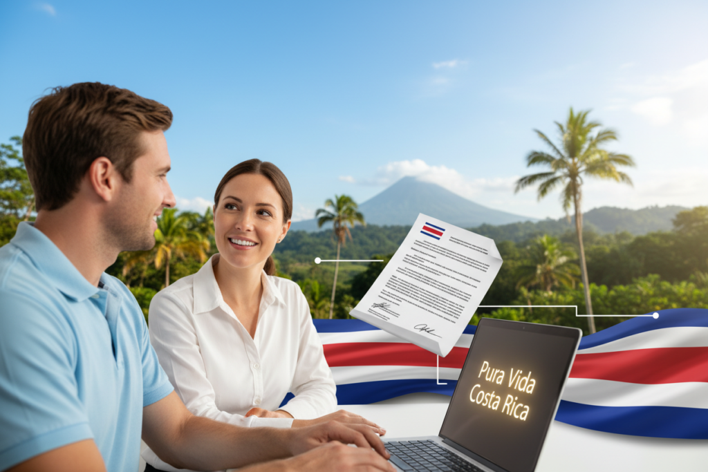 A detailed infographic representing the qualifications for residency in Costa Rica. In the foreground, two Caucasian individuals in professional business casual attire (polo and button-down shirts, no suits or ties) are engaged in a discussion over a laptop displaying the phrase "Pura Vida Costa Rica." The middle ground features a legal document and a Costa Rican flag, symbolizing legal status. The background showcases a vibrant landscape of Costa Rica with lush greenery and a clear blue sky, evoking a warm, inviting atmosphere. Soft, bright lighting enhances the friendly environment, while a shallow depth of field focuses on the characters in the foreground, creating a sense of engagement. The overall mood should convey professionalism, warmth, and a welcoming essence of Costa Rica. A detailed infographic representing the qualifications for residency in Costa Rica. In the foreground, two Caucasian individuals in professional business casual attire (polo and button-down shirts, no suits or ties) are engaged in a discussion over a laptop displaying the phrase "Pura Vida Costa Rica." The middle ground features a legal document and a Costa Rican flag, symbolizing legal status. The background showcases a vibrant landscape of Costa Rica with lush greenery and a clear blue sky, evoking a warm, inviting atmosphere. Soft, bright lighting enhances the friendly environment, while a shallow depth of field focuses on the characters in the foreground, creating a sense of engagement. The overall mood should convey professionalism, warmth, and a welcoming essence of Costa Rica.