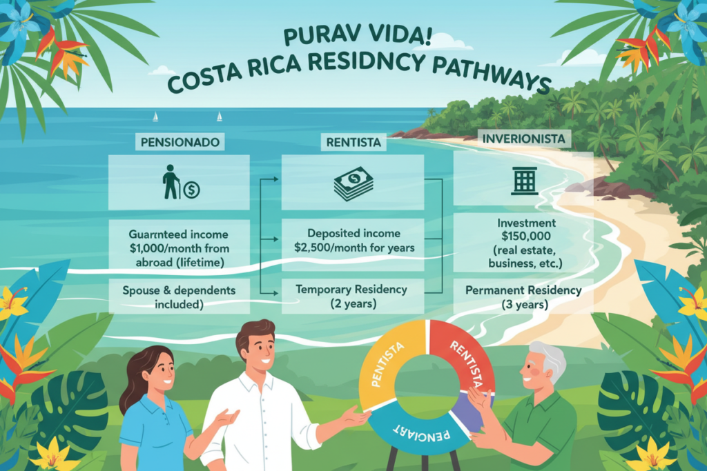 A detailed infographic-style illustration depicting an overview of Costa Rica residency pathways: Pensionado, Rentista, and Inversionista. In the foreground, three diverse Caucasian individuals dressed in professional business casual attire (polo/button-down shirts, no jackets) are engaged in a discussion, with one pointing at a colorful chart showing the residency categories. The middle ground features a visually appealing flowchart displaying clear icons and symbols for each residency category, complemented by tropical elements like palm leaves and vibrant colors representing Costa Rica's nature. In the background, a picturesque beach scene with turquoise waters and lush greenery invokes a serene atmosphere. The lighting is bright and inviting, simulating a sunny day, capturing the essence of "Pura Vida Costa Rica." The composition should exude clarity and professionalism while emphasizing the pathways to residency.
