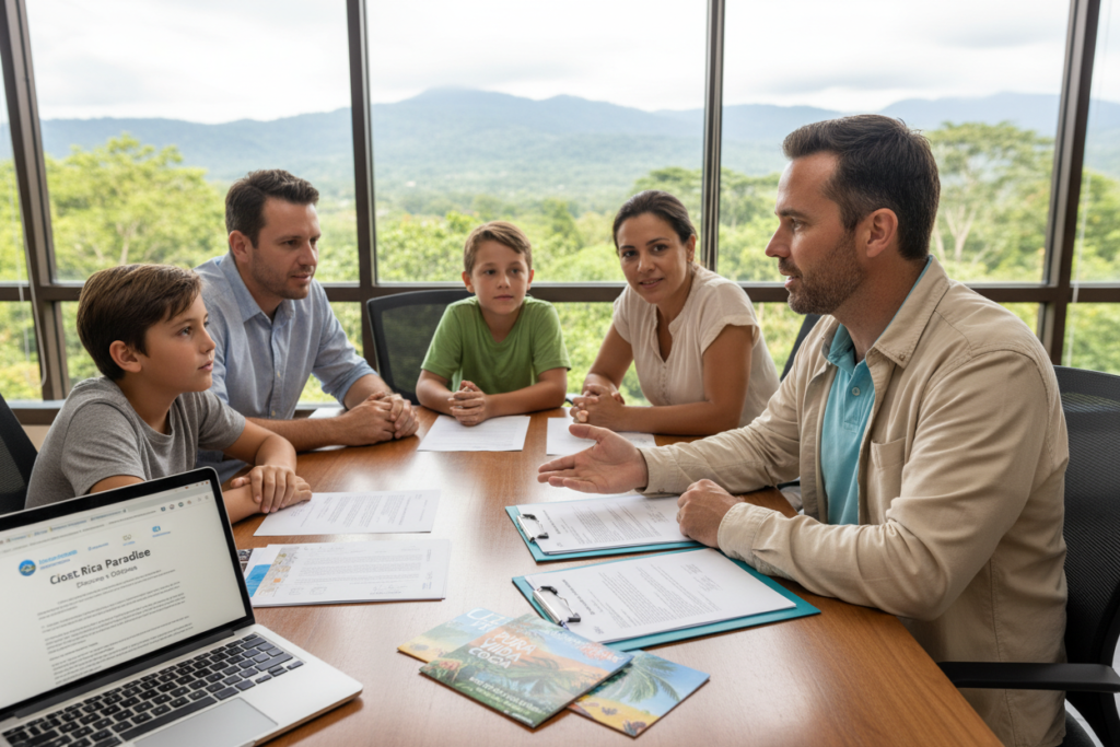A detailed scene depicting a modern office environment, where a Caucasian professional staff member in business casual attire, such as a polo shirt and button-down, is engaging with a family considering residency options in Costa Rica. The foreground features a large table with documents outlining various residency options, brochures featuring "Pura Vida Costa Rica," and a laptop displaying information about the country. In the middle ground, the family looks interested and conversant while examining the materials. The background showcases large windows with views of Costa Rica’s lush green landscape and mountains, with soft, natural light illuminating the room. The overall mood is warm and welcoming, embodying the spirit of relocation and opportunity.