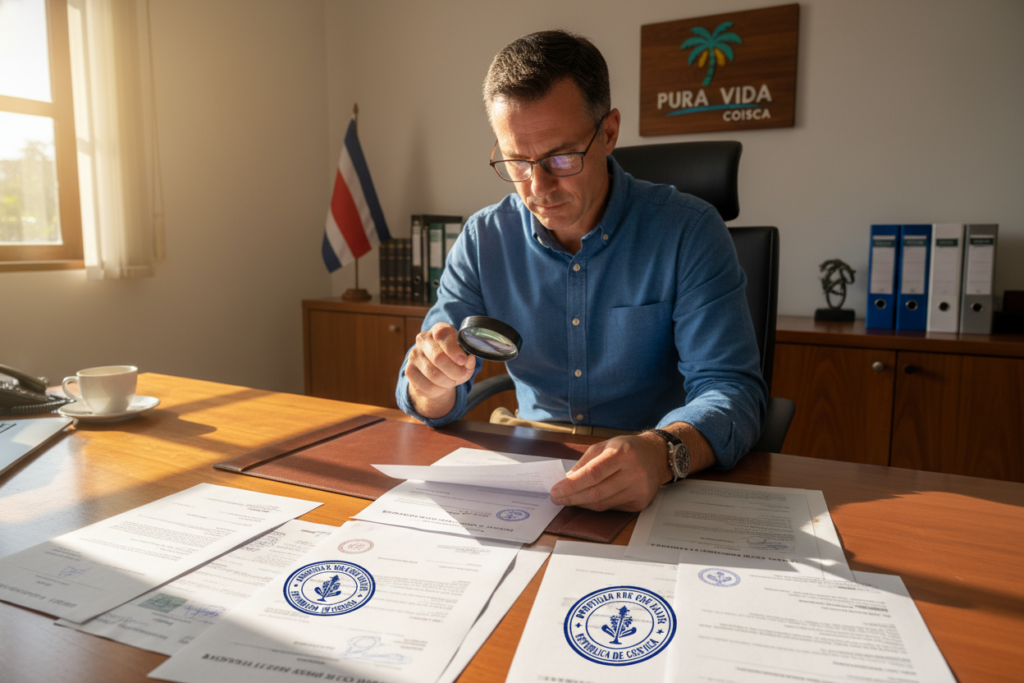 A detailed workspace showcasing the Costa Rica residency documents apostille process. In the foreground, a close-up of official documents like birth certificates and marriage licenses, neatly arranged with an apostille stamp visible. A professional-looking Caucasian staff member in business casual attire (polo/button-down) is seen in the middle, carefully reviewing papers under warm, natural lighting that highlights the textures of the documents. In the background, an office setting with a Costa Rican flag and a logo reading "Pura Vida Costa Rica" subtly presented. The atmosphere is focused and organized, conveying a sense of professionalism and efficiency in the residency application journey.