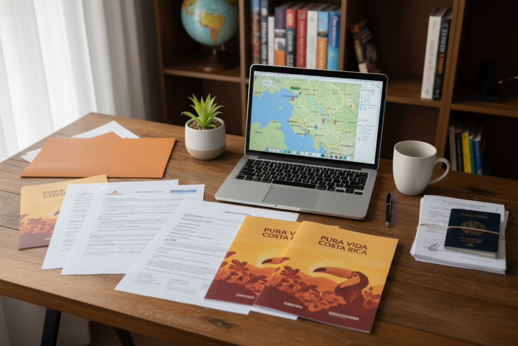 A flat lay composition of residency preparation documents neatly arranged on a wooden desk. In the foreground, highlight a variety of official papers, including application forms, checklists, and “Pura Vida Costa Rica” branded materials in a warm color palette. The middle ground features a stylish, organized workspace with a laptop displaying a Costa Rica map and a small potted plant for a touch of greenery. In the background, softly blurred shelves stacked with books and travel guides about Costa Rica and residency. Natural light streams in through a nearby window, creating a bright and inviting atmosphere. The mood is professional yet relaxed, perfect for illustrating the step-by-step process for residency preparation.