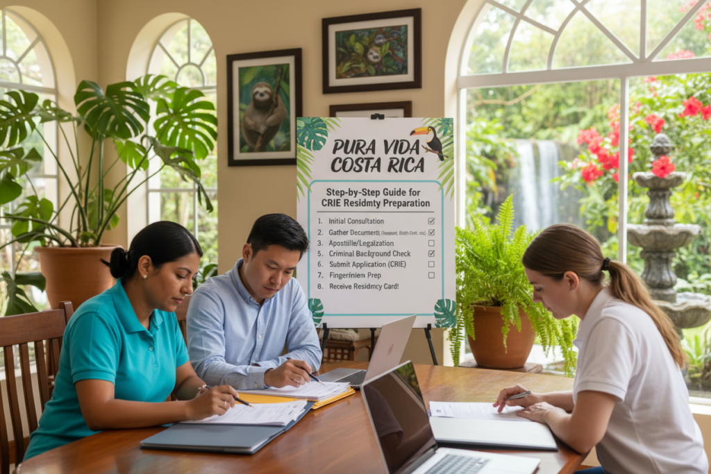 A focused, informative scene illustrating the "Step-by-Step Guide for CRIE Residency Preparation" in Costa Rica. In the foreground, a diverse group of three professionals, dressed in business casual attire (polo shirts and button-downs), collaborates over documents on a wooden table. The middle ground features a large, beautifully designed poster with the words "Pura Vida Costa Rica" and a checklist of key residency preparation steps, such as "Gather Documents," "Apostille Procedures," and "Submit Application." In the background, a warm and inviting office environment with Costa Rican-themed decor, including tropical plants and a view of a serene garden. Soft, natural lighting spills in through large windows, creating an uplifting, professional atmosphere. Use a standard lens to capture a clear, detailed image that draws viewers into the preparation process. A focused, informative scene illustrating the "Step-by-Step Guide for CRIE Residency Preparation" in Costa Rica. In the foreground, a diverse group of three professionals, dressed in business casual attire (polo shirts and button-downs), collaborates over documents on a wooden table. The middle ground features a large, beautifully designed poster with the words "Pura Vida Costa Rica" and a checklist of key residency preparation steps, such as "Gather Documents," "Apostille Procedures," and "Submit Application." In the background, a warm and inviting office environment with Costa Rican-themed decor, including tropical plants and a view of a serene garden. Soft, natural lighting spills in through large windows, creating an uplifting, professional atmosphere. Use a standard lens to capture a clear, detailed image that draws viewers into the preparation process.