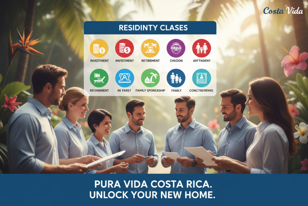 A modern, informative illustration depicting the different residency eligibility categories in Costa Rica. In the foreground, a diverse group of Caucasian staff, dressed in business casual attire (polo/button-down shirts, no ties), are discussing and analyzing a colorful chart that outlines various residency options. In the middle layer, the chart showcases clear icons and symbols representing each category, such as investment, retirement, and family sponsorship, all labeled distinctly. The background features a softly blurred tropical landscape, highlighting Costa Rica’s lush greenery and vibrant flora, with a warm golden sunlight filtering through. The mood is professional yet inviting, encapsulating the essence of "Pura Vida Costa Rica" and the ease of navigating residency options in a welcoming atmosphere. A modern, informative illustration depicting the different residency eligibility categories in Costa Rica. In the foreground, a diverse group of Caucasian staff, dressed in business casual attire (polo/button-down shirts, no ties), are discussing and analyzing a colorful chart that outlines various residency options. In the middle layer, the chart showcases clear icons and symbols representing each category, such as investment, retirement, and family sponsorship, all labeled distinctly. The background features a softly blurred tropical landscape, highlighting Costa Rica’s lush greenery and vibrant flora, with a warm golden sunlight filtering through. The mood is professional yet inviting, encapsulating the essence of "Pura Vida Costa Rica" and the ease of navigating residency options in a welcoming atmosphere.