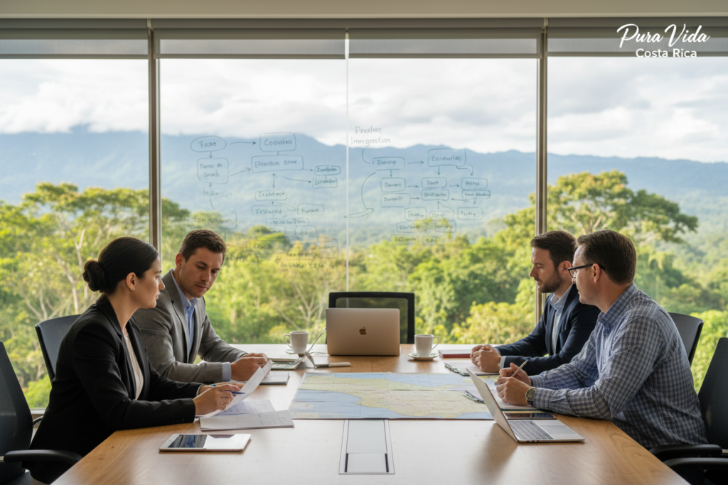A modern office environment in Costa Rica, showcasing a diverse group of Caucasian staff in business casual attire, engaging in discussions about immigration processes. In the foreground, a professional woman and man examine documents related to residency applications, while a third member reviews a map of Costa Rica on the table. The middle ground features a whiteboard filled with notes and flowcharts depicting the steps of the Costa Rican immigration law. The background reveals large windows offering a vibrant view of Costa Rica's lush greenery and mountains, illuminated by warm, natural light. The atmosphere is focused and collaborative, emphasizing professionalism and clarity, with a subtle overlay of the brand name "Pura Vida Costa Rica" in the corner.