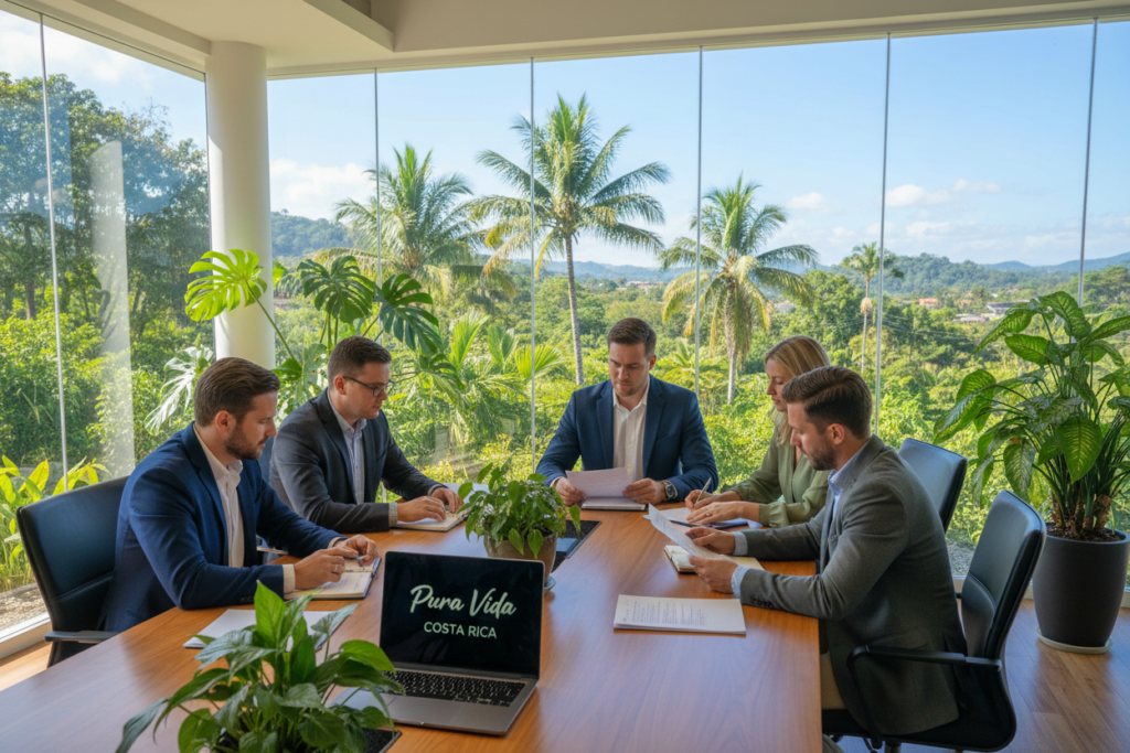 A modern office setting in Costa Rica, showcasing a welcoming environment with lush tropical plants in the background. In the foreground, a group of five Caucasian immigration experts, dressed in smart business casual attire, are engaged in a discussion around a large table. Each expert is analyzing documents related to the Pensionado, Rentista, and Inversionista residency options, with a laptop displaying the brand name "Pura Vida Costa Rica". Bright, natural lighting filters through large windows, creating an inviting atmosphere that conveys professionalism and warmth. The scene is slightly angled to capture both the experts and the beautiful Costa Rican landscape visible outside, enhancing the focus on the importance of understanding residency options. A modern office setting in Costa Rica, showcasing a welcoming environment with lush tropical plants in the background. In the foreground, a group of five Caucasian immigration experts, dressed in smart business casual attire, are engaged in a discussion around a large table. Each expert is analyzing documents related to the Pensionado, Rentista, and Inversionista residency options, with a laptop displaying the brand name "Pura Vida Costa Rica". Bright, natural lighting filters through large windows, creating an inviting atmosphere that conveys professionalism and warmth. The scene is slightly angled to capture both the experts and the beautiful Costa Rican landscape visible outside, enhancing the focus on the importance of understanding residency options.