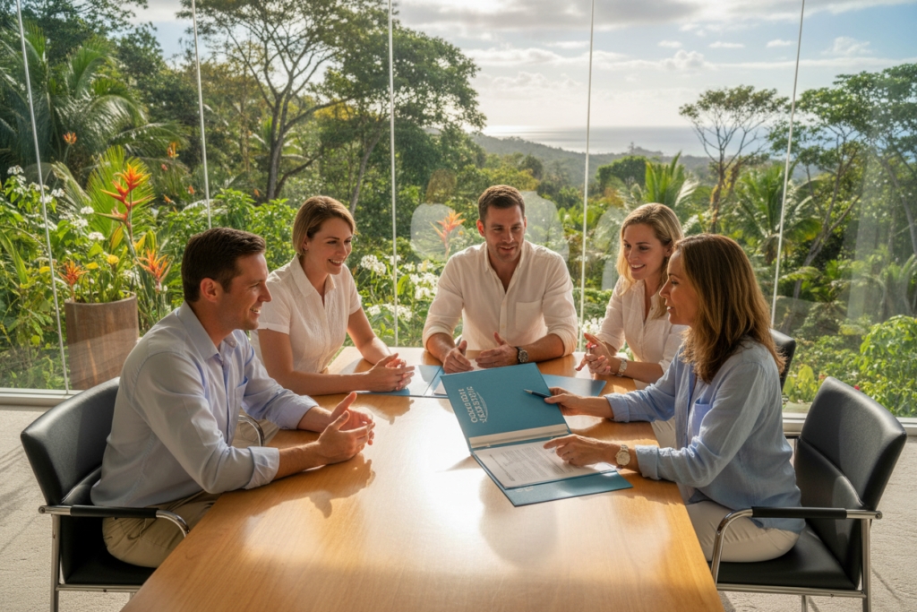 A modern office setting representing "Pura Vida Costa Rica". In the foreground, a diverse group of five Caucasian family members, including a child, appear engaged in conversation, dressed in business casual attire such as polo shirts and button-downs, conveying a sense of professionalism. In the middle ground, a consultant, also in business casual dress, shares important documents and guides them through the residency process. The background features a large window showing a vibrant tropical landscape of Costa Rica, with lush greenery and a hint of ocean visible. Soft, natural light floods the room, creating a warm and inviting atmosphere. The angle captures the interaction between the family and consultant, emphasizing connection and collaboration in the residency journey.