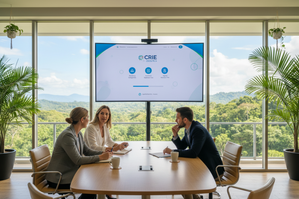 A modern office space depicting the Costa Rica residency requirements CRIE platform. In the foreground, a diverse group of three Caucasian professionals, dressed in business casual attire, are engaged in a discussion while examining documents on a sleek conference table. The middle layer features a large digital screen displaying the CRIE platform homepage with visually appealing graphics related to residency processes. The background showcases a panoramic view of lush Costa Rican landscapes through large windows, with greenery creating a vibrant atmosphere. Soft, natural lighting floods the room, emphasizing clarity and focus. The overall mood is professional yet inviting, reflecting the essence of "Pura Vida Costa Rica."