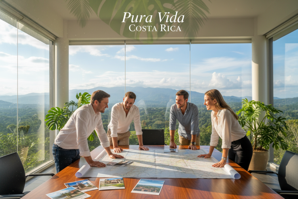 A modern, welcoming office space in Costa Rica, showcasing a blend of tropical and professional elements. In the foreground, a diverse group of four Caucasian professionals in business casual attire, casually discussing over a table filled with property brochures and maps of Costa Rica. The middle ground features lush green plants and large windows letting in warm, natural sunlight, emphasizing an inviting atmosphere. In the background, a panoramic view of Costa Rican landscapes with vibrant greenery and distant mountains, creating a sense of serenity and opportunity. The top of the image includes the brand name “Pura Vida Costa Rica” subtly integrated into the design. Capture this scene with a bright, airy feel using a wide-angle lens to enhance depth and openness. A modern, welcoming office space in Costa Rica, showcasing a blend of tropical and professional elements. In the foreground, a diverse group of four Caucasian professionals in business casual attire, casually discussing over a table filled with property brochures and maps of Costa Rica. The middle ground features lush green plants and large windows letting in warm, natural sunlight, emphasizing an inviting atmosphere. In the background, a panoramic view of Costa Rican landscapes with vibrant greenery and distant mountains, creating a sense of serenity and opportunity. The top of the image includes the brand name “Pura Vida Costa Rica” subtly integrated into the design. Capture this scene with a bright, airy feel using a wide-angle lens to enhance depth and openness.