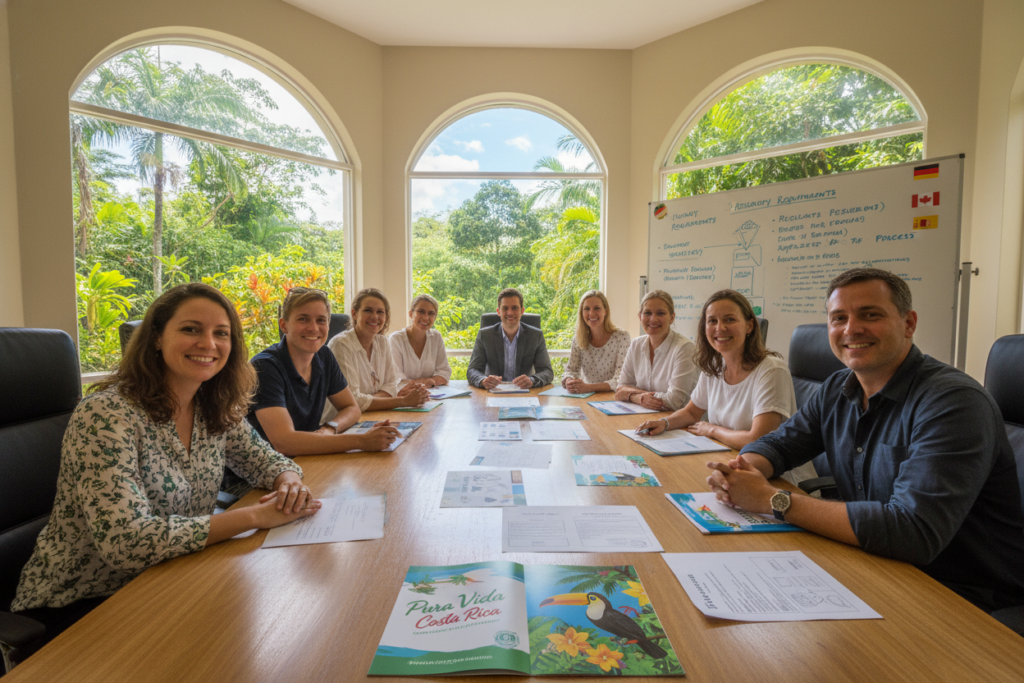 A picturesque overview of Costa Rica's residency options, featuring a diverse group of Caucasian professionals in business casual attire, gathered around a large table with colorful brochures and maps. The foreground showcases detailed residency options highlighted on the table, with one brochure featuring the brand name "Pura Vida Costa Rica." In the middle ground, vibrant greenery and tropical plants can be seen through large windows, creating a warm and inviting atmosphere. The background includes a whiteboard with residency types sketched out and colorful flags representing different countries. Soft, natural lighting floods the room, enhancing the friendly and optimistic mood, captured from a slightly elevated angle to provide a comprehensive view of the setting.