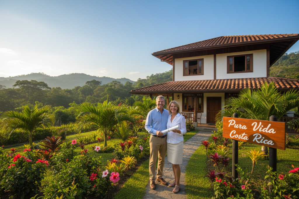 A picturesque scene depicting a welcoming property in Costa Rica under a clear blue sky. In the foreground, a well-maintained garden with vibrant tropical flowers and palm trees, inviting relaxation. The middle ground features a charming two-story house with a terracotta roof and wooden accents, showcasing the "Pura Vida Costa Rica" brand on a tasteful sign. A Caucasian couple in smart business casual attire—polo and button-down shirts—stands proudly, holding a property title while looking towards their new home, emanating a sense of achievement and hope. In the background, gentle rolling hills covered in lush greenery complete the idyllic landscape. The lighting is soft and warm, creating a harmonious and inviting atmosphere, captured from a slightly elevated angle to encapsulate both the property and its beautiful surroundings. A picturesque scene depicting a welcoming property in Costa Rica under a clear blue sky. In the foreground, a well-maintained garden with vibrant tropical flowers and palm trees, inviting relaxation. The middle ground features a charming two-story house with a terracotta roof and wooden accents, showcasing the "Pura Vida Costa Rica" brand on a tasteful sign. A Caucasian couple in smart business casual attire—polo and button-down shirts—stands proudly, holding a property title while looking towards their new home, emanating a sense of achievement and hope. In the background, gentle rolling hills covered in lush greenery complete the idyllic landscape. The lighting is soft and warm, creating a harmonious and inviting atmosphere, captured from a slightly elevated angle to encapsulate both the property and its beautiful surroundings.