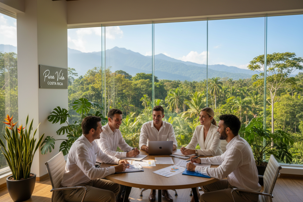 A picturesque scene depicting the benefits of Costa Rica's Pensionado residency. In the foreground, a diverse group of professionals, including Caucasian staff dressed in business casual attire, engaged in conversation and reviewing documents. In the middle ground, a vibrant office space adorned with tropical plants and windows showcasing a lush green landscape, symbolizing the beauty of Costa Rica. The background features iconic Costa Rican elements, such as palm trees and mountains under a bright blue sky. Soft, natural lighting creates a warm and inviting atmosphere, emphasizing the theme of tranquility and opportunity. Prominently display the brand name "Pura Vida Costa Rica" in an elegant, unobtrusive manner, complementing the serene setting.