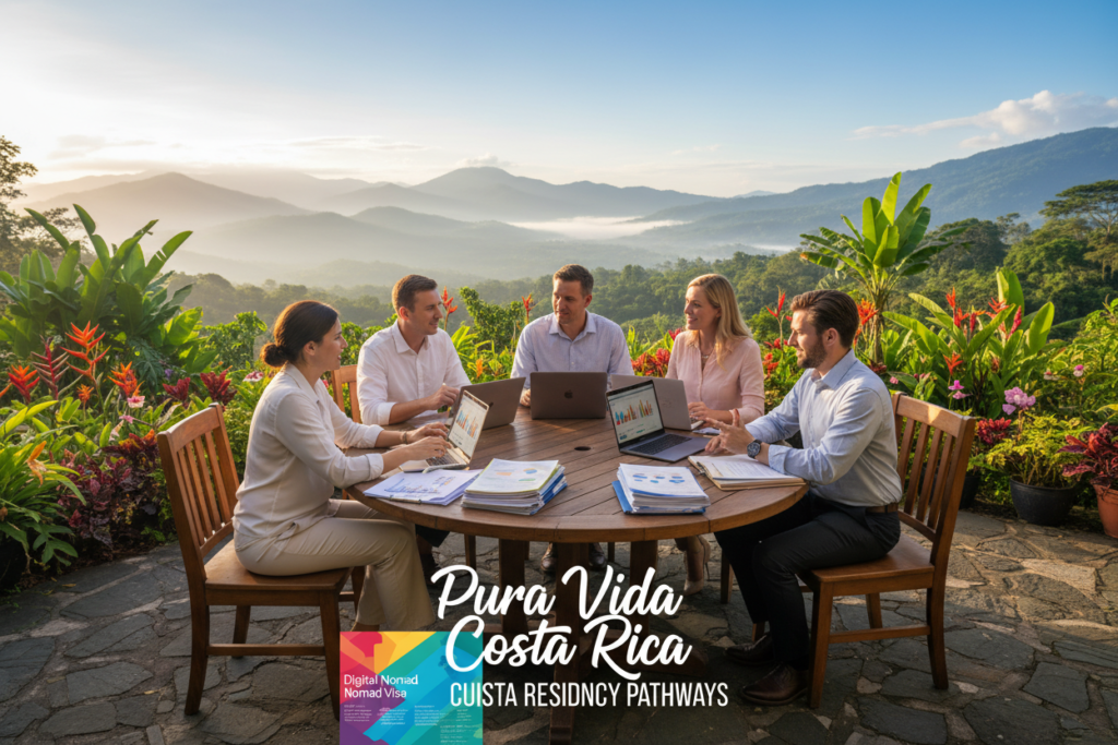 A picturesque scene illustrating "Costa Rica Residency Pathways," featuring a diverse group of Caucasian professionals in business casual attire (polo shirts or button-downs) gathered around an outdoor table, discussing the Costa Rica Digital Nomad Visa and CRIE Residency options. In the foreground, a colorful brochure titled "Pura Vida Costa Rica" is prominently displayed alongside laptops and documents. The middle ground showcases lush tropical foliage, embodying the vibrant atmosphere of Costa Rica, while a distant view of scenic mountains and a blue sky fills the background. The lighting is warm and inviting, capturing the essence of a tranquil yet vibrant environment conducive to collaboration and opportunity. Soft focus on the surroundings enhances the professionalism and optimism of the context.