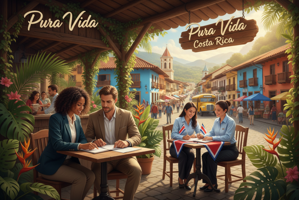 A picturesque scene illustrating the spousal residency pathway in Costa Rica. In the foreground, a diverse couple, dressed in business casual attire, examines documents at a charming outdoor café, surrounded by lush tropical greenery. The middle ground features a friendly Costa Rican immigration officer, also in business casual, helping them with paperwork at a small table adorned with Costa Rican flags. In the background, the vibrant colors of a traditional Costa Rican town, with colonial architecture and bustling streets, evoke a welcoming atmosphere. Soft, natural lighting illuminates the scene, creating a warm and inviting mood. The artwork prominently displays the brand name "Pura Vida Costa Rica" in an elegant font incorporated within the café setting, enhancing the overall theme of residency and cultural integration.