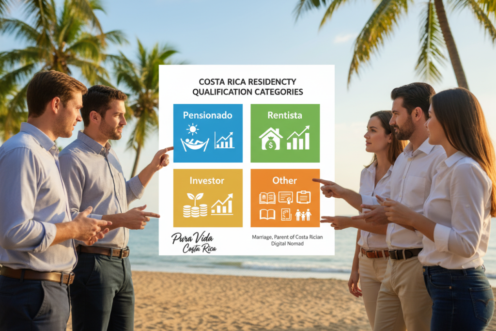A professional and informative illustration depicting Costa Rica residency qualification categories. In the foreground, a diverse group of Caucasian professionals dressed in business casual attire (polo shirts and button-downs) are engaged in a conversation, pointing to a large, colorful infographic displaying different residency categories. In the middle, the infographic has clear sections labeled as "Pensionado," "Rentista," "Investor," and "Other" qualifications, with visually distinct icons and graphs. The background features a serene Costa Rican landscape with palm trees and a bright blue sky, symbolizing the beauty of Costa Rica. Soft, warm lighting fills the scene, creating an inviting atmosphere. The brand name "Pura Vida Costa Rica" is subtly integrated into the design, enhancing the focus on residency qualifications.