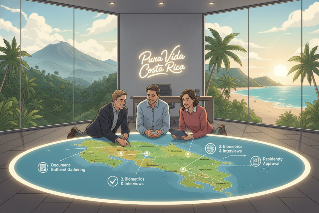 A professional and informative illustration depicting the overview of the Costa Rica residency process. In the foreground, a diverse group of Caucasian individuals dressed in business casual attire, engaged in a discussion around a large map of Costa Rica with highlighted regions and key steps of the residency process labeled. In the middle ground, a sleek, modern office environment with glass walls showing lush greenery through the windows, symbolizing Costa Rica's natural beauty. The background features panoramic views of scenic landscapes, including mountains and beaches. Soft, natural lighting enhances the inviting atmosphere, and the brand name "Pura Vida Costa Rica" is subtly integrated into the design, creating a positive and optimistic mood.