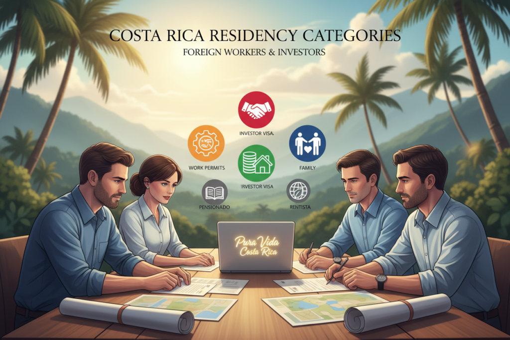 A professional and informative illustration depicting the various Costa Rica residency categories for foreign workers. In the foreground, a diverse group of three Caucasian individuals in business casual attire (polo and button-down shirts) is gathered around a table covered with documents, maps, and a laptop showing the "Pura Vida Costa Rica" logo. In the middle, colorful icons symbolizing different residency paths, such as work permits, investor visas, and family reunification, are prominently displayed on the table. The background features a softly lit Costa Rican landscape with palm trees and mountains, creating a serene and inviting atmosphere. The scene is captured with a bright, natural light and a shallow depth of field to emphasize the group and the documentation while softly blurring the landscape, evoking a sense of opportunity and hope.