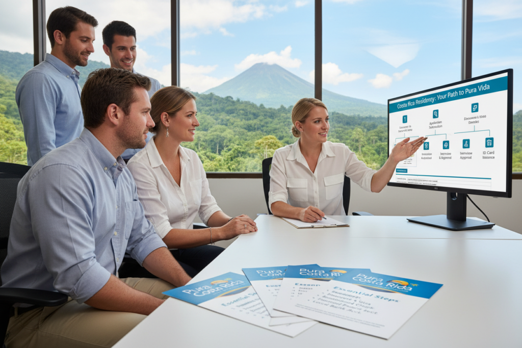 A professional and informative illustration of the Costa Rica residency process steps, featuring a diverse team of Caucasian staff in business casual attire (polo/button-down shirts, no suits) collaborating in an office setting. In the foreground, a friendly consultant is explaining the residency process to a couple, with clear step-by-step charts and diagrams visible on a nearby screen. In the middle ground, a table features brochures labeled "Pura Vida Costa Rica," showcasing the essential steps of the application process. In the background, a large window offers a view of lush Costa Rican landscapes, evoking a sense of welcoming and opportunity. Soft, natural lighting fills the room, creating a warm and inviting atmosphere, while the angle captures the interaction dynamically. The vibe is professional yet approachable, emphasizing guidance and support through the residency process.