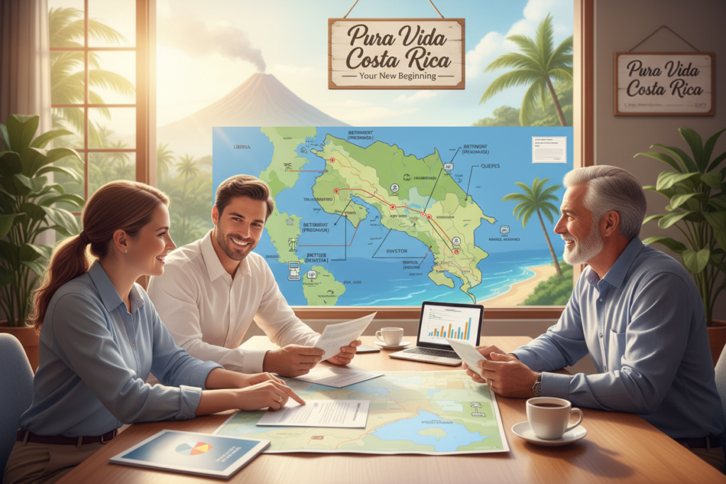 A professional and informative scene depicting "Costa Rica residency pathways" tailored for US citizens and parents. In the foreground, a group of three Caucasian individuals in business casual attire, including collared shirts, are engaged in a friendly discussion around a table filled with documents and maps illustrating residency options. The middle ground features a large, colorful map of Costa Rica highlighting key cities and residency locations with icons representing various pathways. In the background, lush green tropical foliage and iconic Costa Rican landmarks, like volcanoes and beaches, are visible under warm, golden sunlight pouring in, creating an inviting and optimistic atmosphere. The scene embodies the essence of "Pura Vida Costa Rica," capturing a sense of adventure and new beginnings.