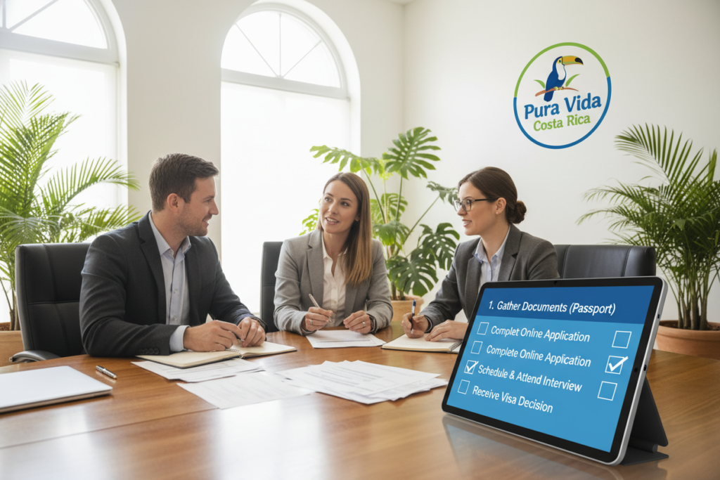 A professional and informative scene depicting the steps involved in the Costa Rica student visa process. In the foreground, a diverse group of three Caucasian staff members, dressed in business casual attire, is engaged in a discussion around a large table filled with documents and a laptop. The middle ground features a neatly organized checklist of visa steps, including "Gather Documents," "Apply Online," and "Attend Interview," visually represented on a digital tablet. The background showcases a bright, welcoming office environment adorned with tropical plants and the logo "Pura Vida Costa Rica" displayed on the wall. Soft, natural lighting filters through large windows, creating a warm atmosphere that emphasizes professionalism and clarity. The overall mood is encouraging and supportive, ideal for students navigating the visa application process.