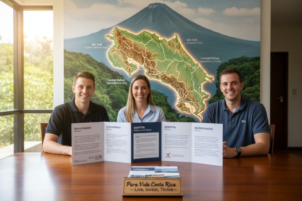 A professional and informative scene depicting the various residency categories in Costa Rica, featuring Caucasian staff dressed in business casual attire (polo shirts and button-downs, no ties or jackets). In the foreground, three friendly professionals stand around a table filled with informational brochures about Pensionado, Rentista, and Inversionista categories. In the middle ground, a map of Costa Rica highlights key investment zones and neighborhoods. In the background, iconic Costa Rican landscapes, such as lush greenery and volcanoes, softly blur. The lighting is warm and natural, evoking a welcoming atmosphere. The brand "Pura Vida Costa Rica" is subtly integrated into the scene, emphasizing the spirit of life and investment in this beautiful country.