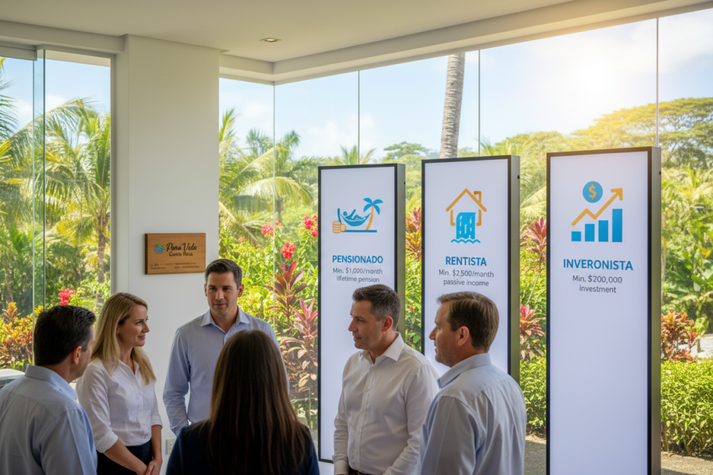A professional and informative scene showcasing three distinct Costa Rica residency categories: Pensionado, Rentista, and Inversionista. In the foreground, a diverse group of friendly, Caucasian individuals dressed in business casual attire—polo shirts and button-downs—discuss residency options at a modern office with large windows displaying a lush tropical landscape. In the middle ground, infographics highlight each residency category with icons representing financial stability, retirement, and investment opportunities. The background features palm trees and vibrant Costa Rican flora, under a sunny sky, creating a warm and inviting atmosphere. The lighting is bright and natural, emphasizing clarity and professionalism. Include the brand name "Pura Vida Costa Rica" subtly integrated into the office environment, ensuring it complements the overall aesthetic without being intrusive.