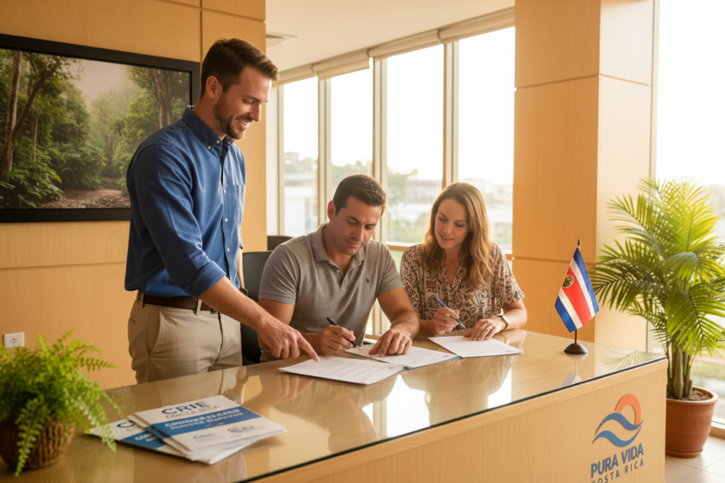 A professional and inviting immigration office scene depicting a Caucasian staff member in business casual attire, such as a button-down shirt and polo, providing guidance on residency for self-employed individuals in Costa Rica. The foreground features a welcoming reception desk with informational brochures labeled "CRIE Costa Rica Immigration Guidance" alongside the brand name "Pura Vida Costa Rica." In the middle, the staff member is engaging with a couple, who are reviewing documents, demonstrating a sense of collaboration and support. The background shows a softly lit, modern office setting with Costa Rican decoration elements, such as a plant or flag, and warm, natural lighting filtering through large windows. The overall mood is professional yet friendly, embodying the essence of community and opportunity in Costa Rica.