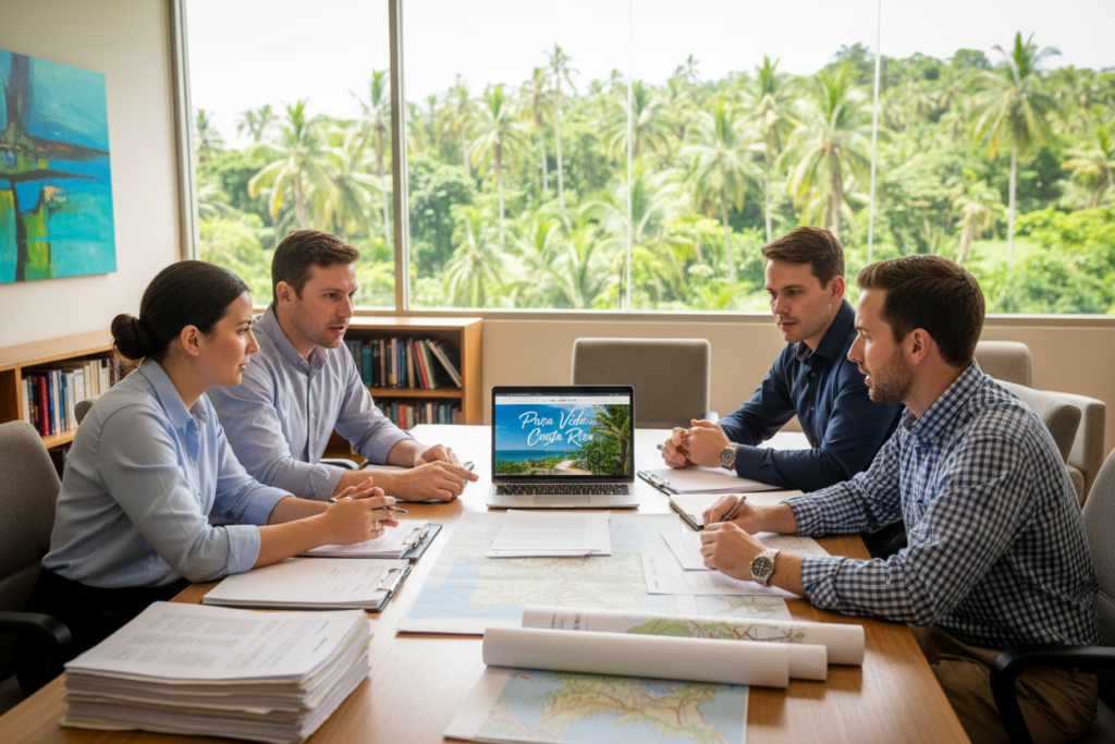 A professional and inviting office environment set in Costa Rica, showcasing eligibility for residency. In the foreground, a diverse group of Caucasian professionals in business casual attire (polo and button-down shirts, no jackets or ties) are engaged in a discussion around a table filled with residency papers, maps, and a laptop displaying a website titled "Pura Vida Costa Rica". The middle ground features a large window with lush, green tropical foliage visible outside, symbolizing the beauty of Costa Rica. The background includes subtle details of an office space, enhancing a warm and welcoming atmosphere. Soft, natural lighting illuminates the room, creating a calm and productive ambiance, with a slight depth of field focusing on the professionals' engaged expressions.