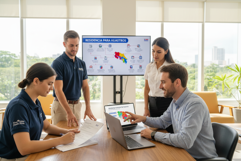 A professional and inviting office environment showcasing a diverse group of Caucasian staff in business casual attire (polo and button-down shirts), collaborating on Costa Rica residency documentation specifically for stepchildren. In the foreground, a young woman is reviewing application papers at a desk adorned with the "Pura Vida Costa Rica" logo, while a man explains the requirements gesturing towards a laptop displaying a colorful map of Costa Rica. The middle ground features a wall-mounted display with visual aids illustrating residency pathways and requirements. The background depicts large windows allowing natural light to illuminate the scene, casting a warm and welcoming atmosphere. The overall mood is focused and informative, emphasizing the supportive nature of the residency process for families.