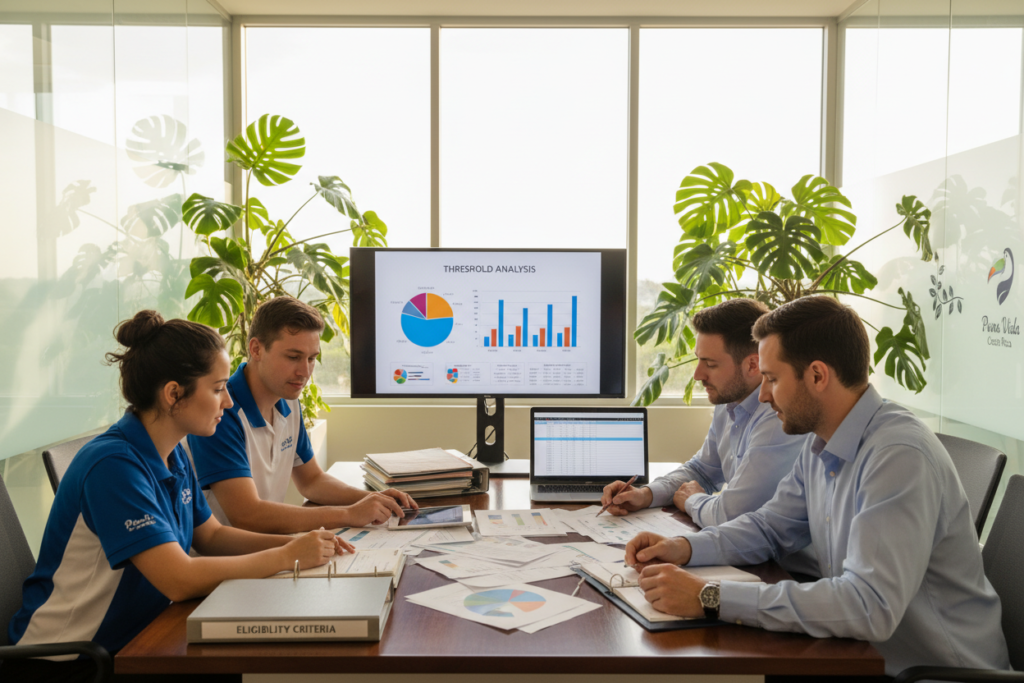 A professional and inviting office environment showcasing the theme of "Eligibility, Thresholds, and Required Documentation." In the foreground, a group of three Caucasian staff members dressed in business casual attire—polo shirts and button-downs—engaged in conversation over paperwork on a sleek table. The middle layer features an array of documents, charts, and a laptop open with visible graphs relating to eligibility criteria. In the background, a large window allows warm sunlight to filter in, creating a soft glow, while vibrant green plants add a touch of nature to the scene. The mood is collaborative and focused, conveying a sense of professionalism and efficiency. Include subtle branding elements for "Pura Vida Costa Rica" in the design, ensuring a cohesive and inviting atmosphere.