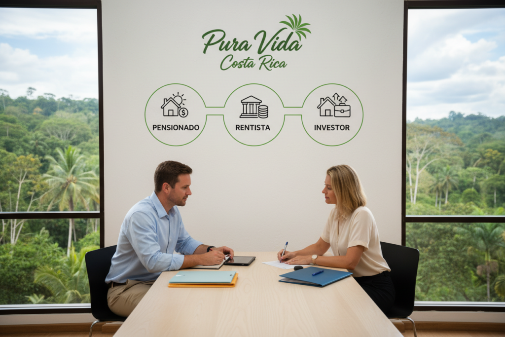 A professional and inviting office setting depicting the Costa Rica residency qualification requirements. In the foreground, a Caucasian male and female staff member, dressed in business casual attire, are reviewing documents on a sleek wooden table. In the middle, a large infographic on the wall displays key residency categories like "Pensionado", "Rentista", and "Investor" with visual symbols for each, such as a retirement home, bank, and real estate. The background shows a window with a view of lush Costa Rican greenery, emphasizing the country's natural beauty. Soft, warm lighting illuminates the scene, creating a welcoming atmosphere. Include the brand name "Pura Vida Costa Rica" subtly integrated into the design of the infographic. No text or overlays. A professional and inviting office setting depicting the Costa Rica residency qualification requirements. In the foreground, a Caucasian male and female staff member, dressed in business casual attire, are reviewing documents on a sleek wooden table. In the middle, a large infographic on the wall displays key residency categories like "Pensionado", "Rentista", and "Investor" with visual symbols for each, such as a retirement home, bank, and real estate. The background shows a window with a view of lush Costa Rican greenery, emphasizing the country's natural beauty. Soft, warm lighting illuminates the scene, creating a welcoming atmosphere. Include the brand name "Pura Vida Costa Rica" subtly integrated into the design of the infographic. No text or overlays.