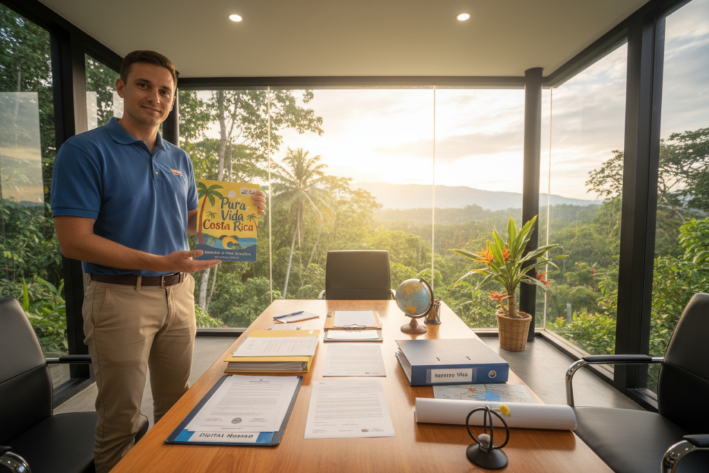 A professional and inviting office setting in Costa Rica, showcasing diverse options for residency and citizenship. In the foreground, a Caucasian staff member in business casual attire (polo shirt) presents a colorful brochure titled "Pura Vida Costa Rica" about immigration options. In the middle, a table features various documents and maps, symbolizing different residency paths like pensionado, rentista, and investor visas. The background displays a serene view of Costa Rican nature, with lush greenery and a hint of a tropical landscape, bathed in warm, natural light. The angle captures a dynamic perspective that feels welcoming and informative, creating a mood of opportunity and positivity for expats seeking a new life in Costa Rica.
