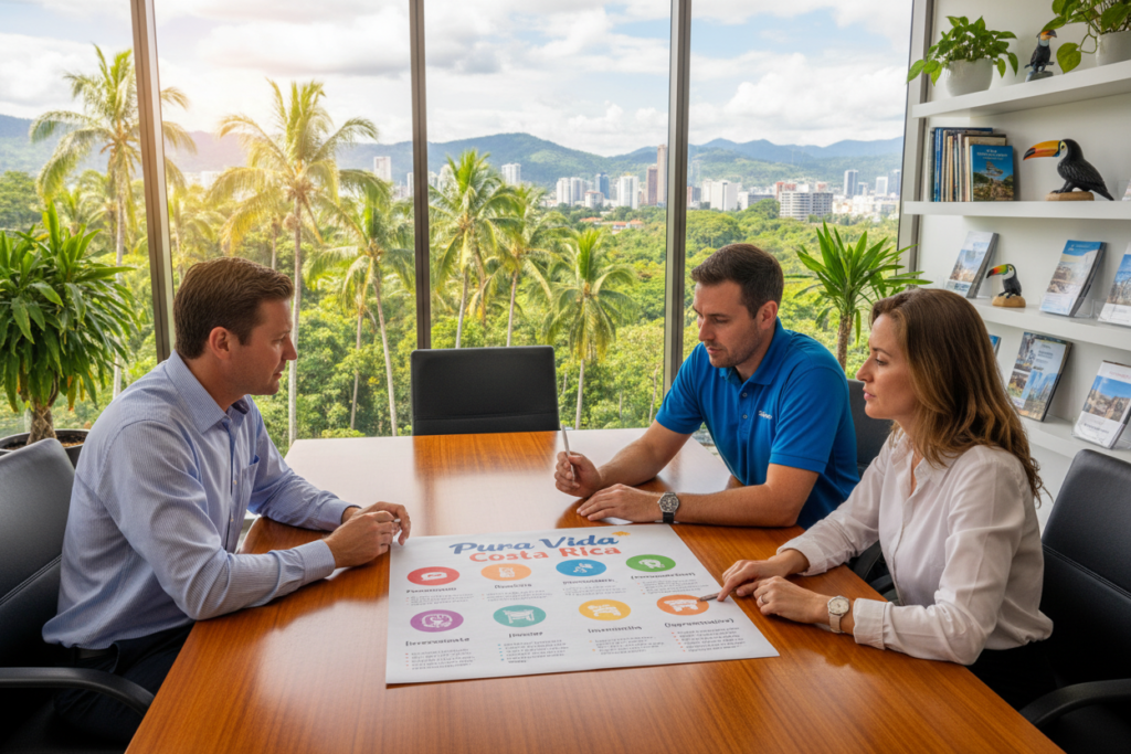 A professional and inviting scene depicting an overview of Costa Rica residency options, set in a modern office environment. In the foreground, a group of three Caucasian professionals dressed in business casual attire (polo shirts and button-downs) are engaged in a discussion around a large table. They are pointing at a colorful infographic that represents different residency categories in Costa Rica, labeled "Pura Vida Costa Rica." In the middle, a large window showcases a vibrant tropical landscape with palm trees and the Costa Rican skyline. The background includes potted plants and shelves with travel brochures. Soft, natural lighting filters through the window, creating a warm, welcoming atmosphere. The angle is slightly overhead, capturing both the professionals and the stunning view outside.
