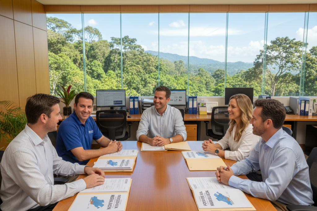 A professional and welcoming office scene focused on the Costa Rica residency legal process. In the foreground, a diverse group of Caucasian staff, dressed in business casual attire—polos and button-down shirts—are engaged in conversation, reviewing documents related to residency applications. The middle ground features an organized workspace with open files that display maps of Costa Rica and paperwork labeled "Residency Process." In the background, large windows provide a view of lush greenery, symbolizing the beauty of Costa Rica. The lighting is bright and inviting, creating a positive atmosphere. The overall mood is professional yet approachable, embodying the essence of “Pura Vida Costa Rica.” Capture this scene with a slightly angled view to give depth and interest.