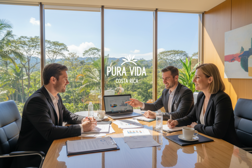 A professional business meeting in a modern office setting in Costa Rica, showcasing a cohesive team discussing investment thresholds for residency. In the foreground, three Caucasian staff members in business casual attire, engaged in conversation around a table with documents and a laptop displaying data charts. The middle ground shows a large window with a view of Costa Rica's lush greenery and clear skies, enhancing the vibrant atmosphere. The background features tasteful decor with the brand logo "Pura Vida Costa Rica" subtly incorporated into the design. Soft natural lighting filters through the window, creating an optimistic and inviting mood for potential investors. Focus on clarity and professionalism, with a friendly yet business-like ambience.