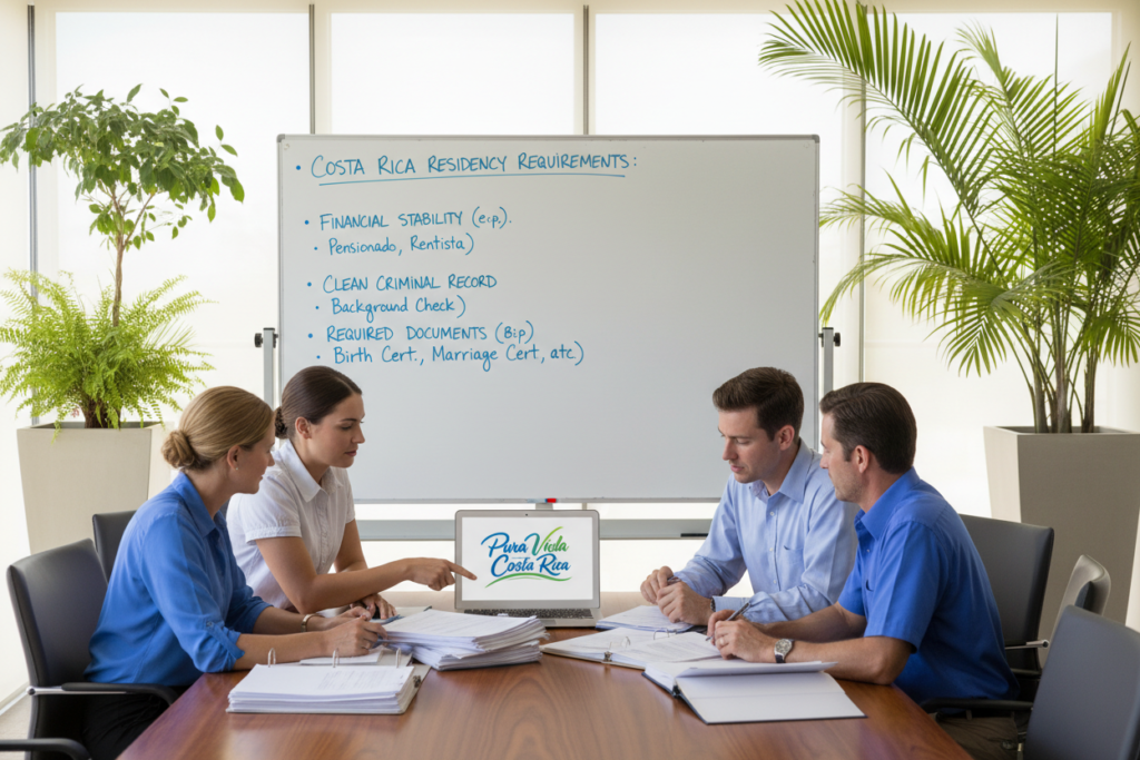 A professional business setting clearly illustrating Costa Rica residency eligibility requirements. In the foreground, a diverse group of Caucasian staff dressed in business casual attire, such as polo shirts and button-downs, engage in a discussion around a stylish conference table cluttered with documents and a laptop displaying the "Pura Vida Costa Rica" logo. The middle ground features a large whiteboard filled with key points about residency requirements, like financial stability and criminal record checks, captured in an organized manner. The background showcases modern office decor with potted plants and soft natural lighting streaming in through large windows, creating a welcoming and informative atmosphere. The image should evoke clarity and professionalism, ideal for an audience seeking reliable information on residency in Costa Rica.